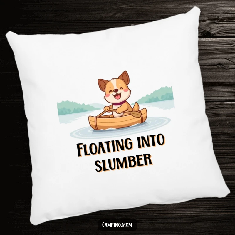 Funny Dog Pillow: A soft pillow displaying a happy dog joyfully paddling a small canoe across a calm, reflective lake.