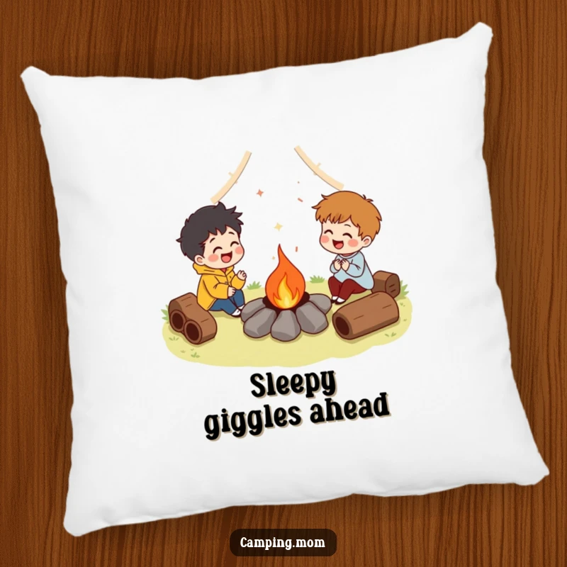 Funny pillow design of characters laughing around a campfire, offering a soft and humorous touch to any cozy space. Superb funny gift.