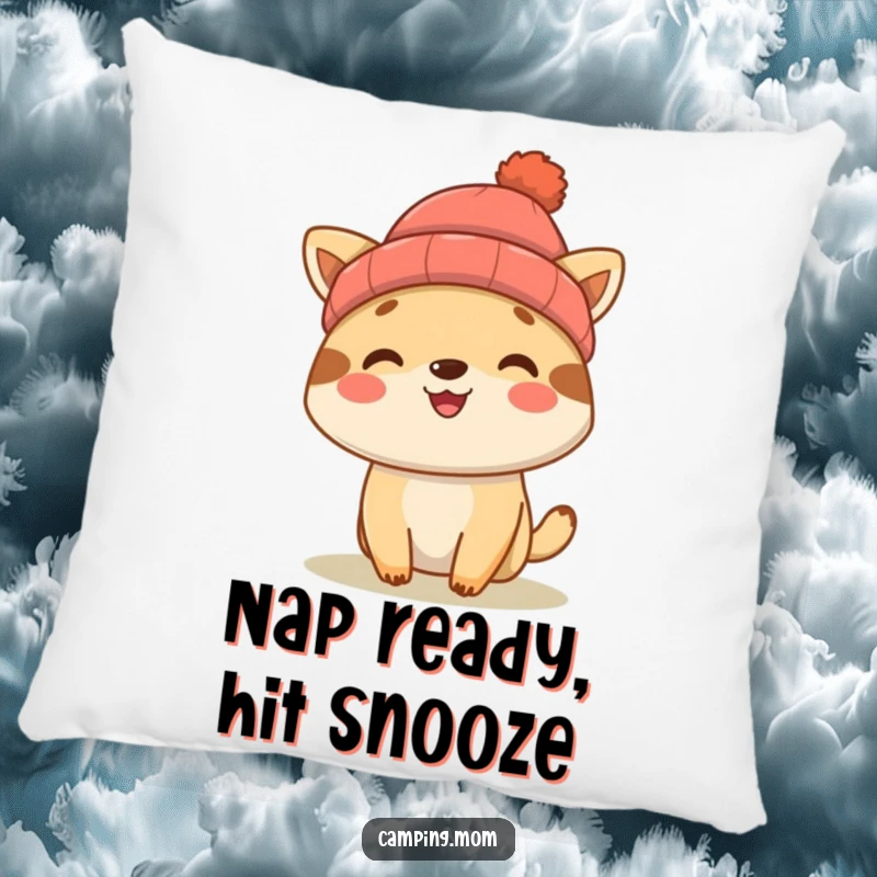 Funny camping animal character wearing a winter beanie, smiling on a soft pillow, adding comfort and humor.