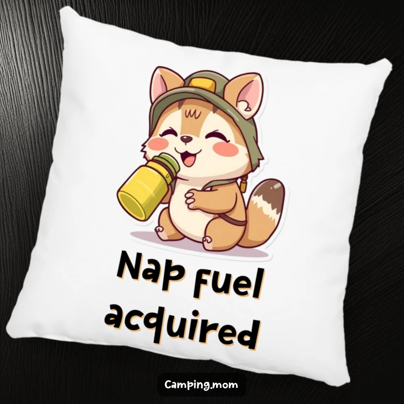 Funny camping animal character blissfully sipping from a canteen, designed for a soft and humorous pillow.