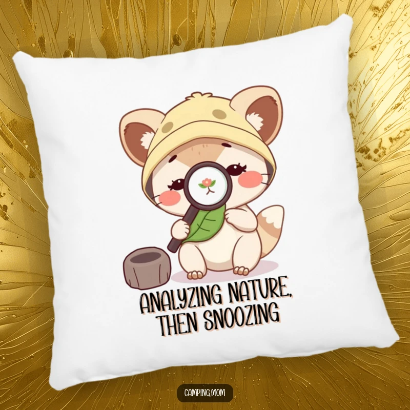 Funny camping mom animal with a magnifying glass, examining a leaf, offering comfort and a humorous touch.