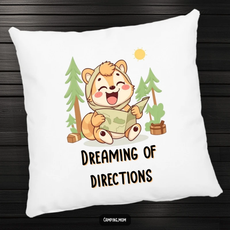 Funny camping mom pillow featuring an animal laughing while trying to unfold a map, cozy adventure accent.