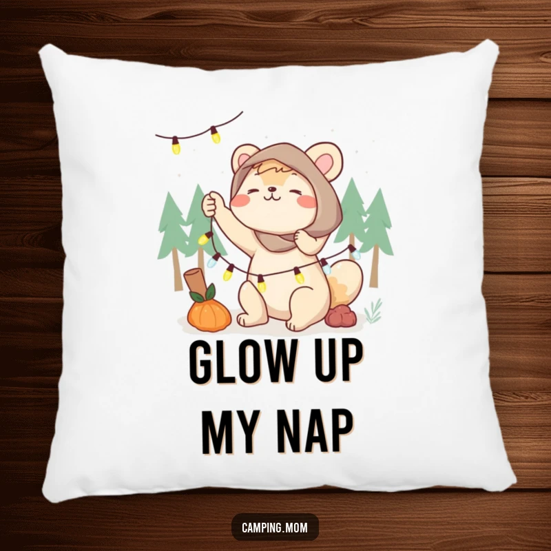 Funny camping mom pillow, an animal mom energetically setting up fairy lights, bringing cozy ambiance to any room.