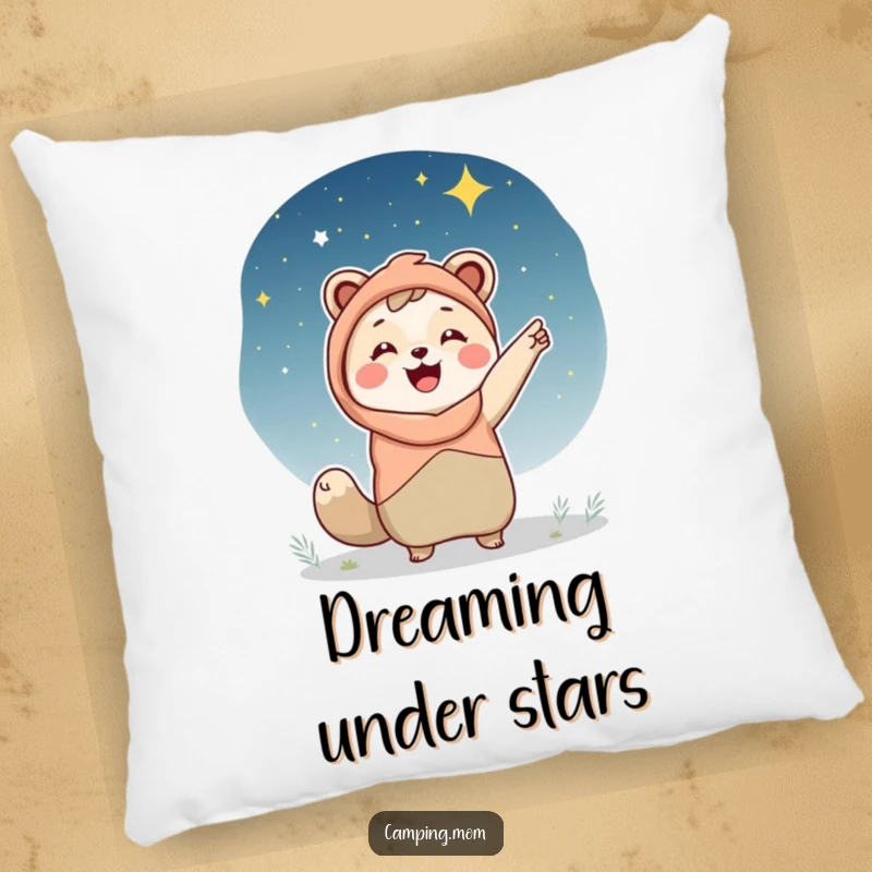 Funny camping mom pillow, an animal mom pointing at a breathtaking starry night sky, offering comfort and cosmic charm.