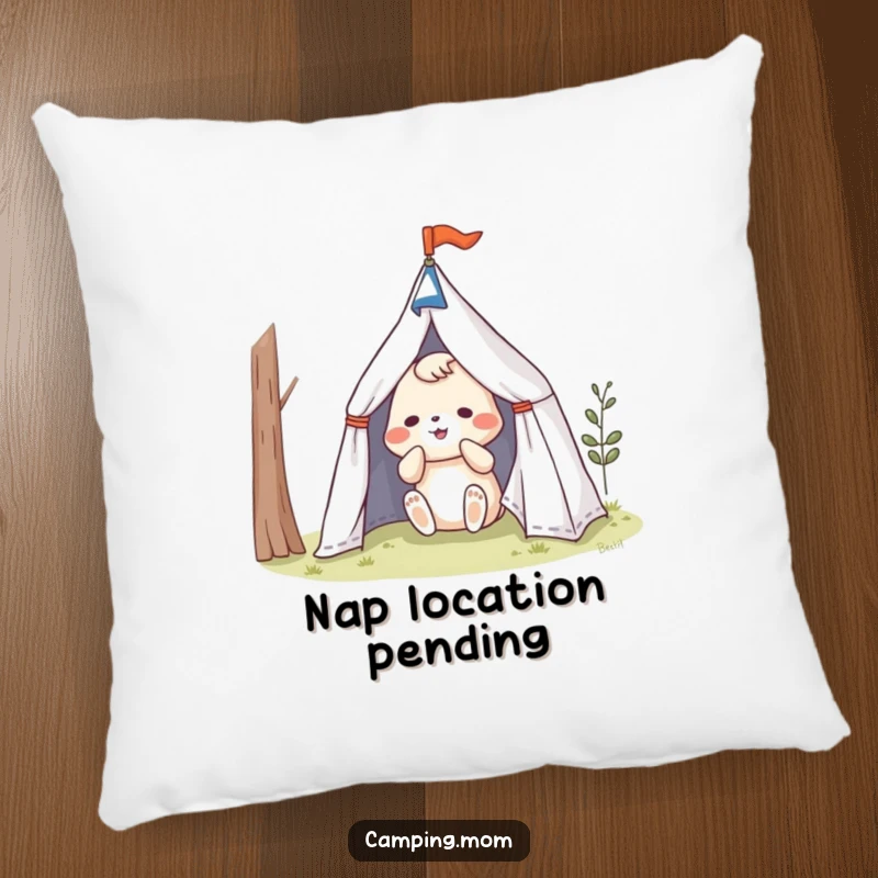 Funny animal character wrestling with tent poles and fabric, on a humorous camping pillow.