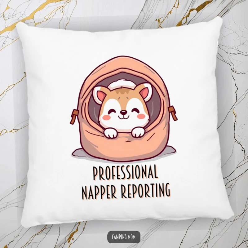 Funny camping animal pillow, peeking with a cheerful grin from a sleeping bag, offering cozy comfort and a touch of playful humor.