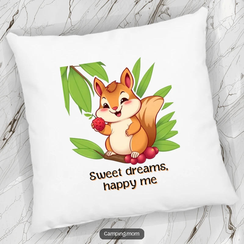 Funny pillow featuring a cheerful chipmunk with a sweet smile, offering a berry from its palm, for soft comfort.