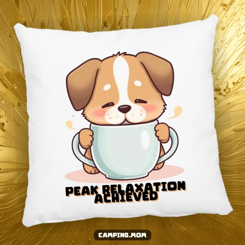 Funny dog enjoying a steaming mug with a contented sigh, depicted on a soft, decorative accent pillow.