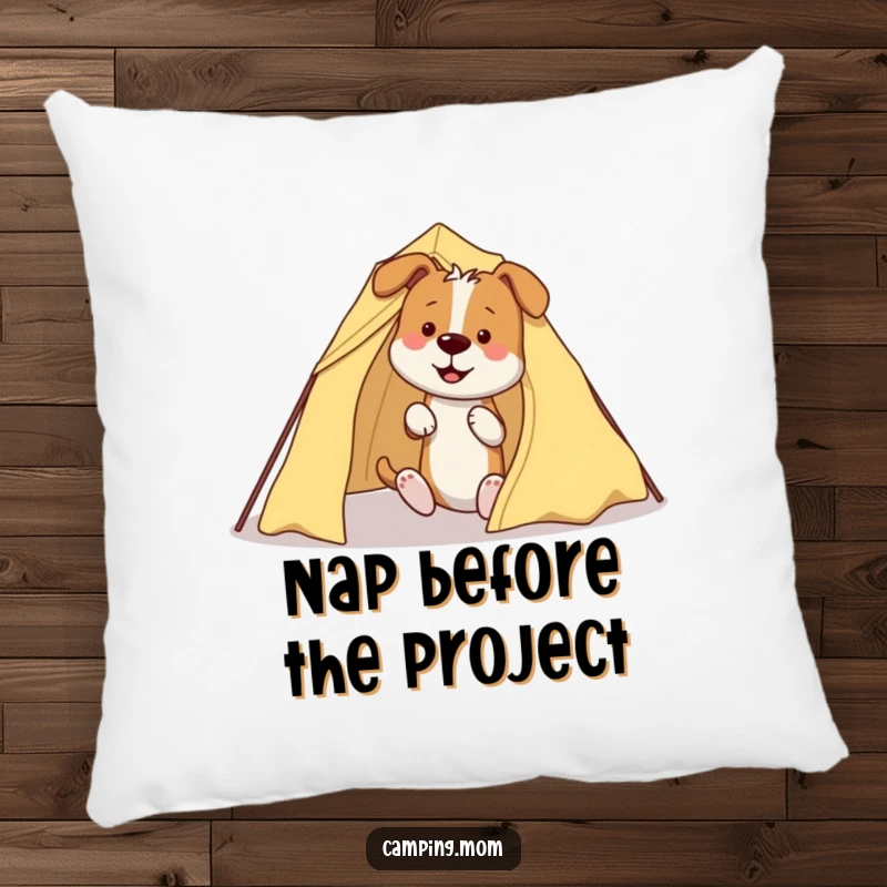 Funny Dog Pillow: A soft pillow displaying a dog hilariously tangled in tent poles and fabric while trying to set up camp.