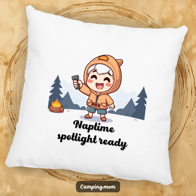 Funny pillow showcasing a happy camping character in a dramatic pose, illuminated by a strong flashlight beam.