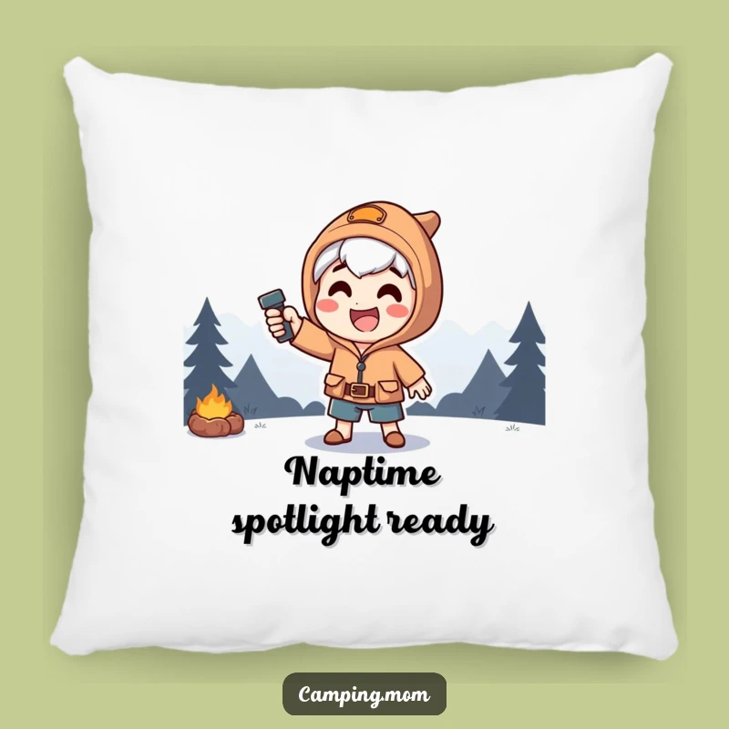 Funny Dramatic Camping Pillow: Happy Character's Flashlight Pose, A Cozy Funny Gift.