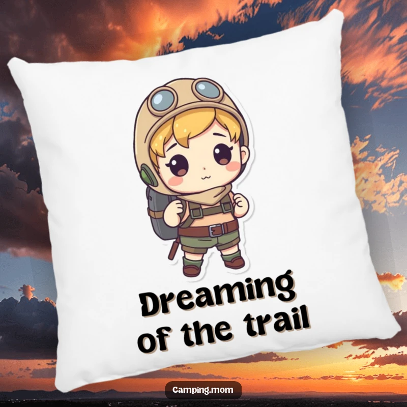 Funny pillow design of an explorer character with a backpack, adding a touch of humor and wanderlust to any cozy space. Superb funny gift.