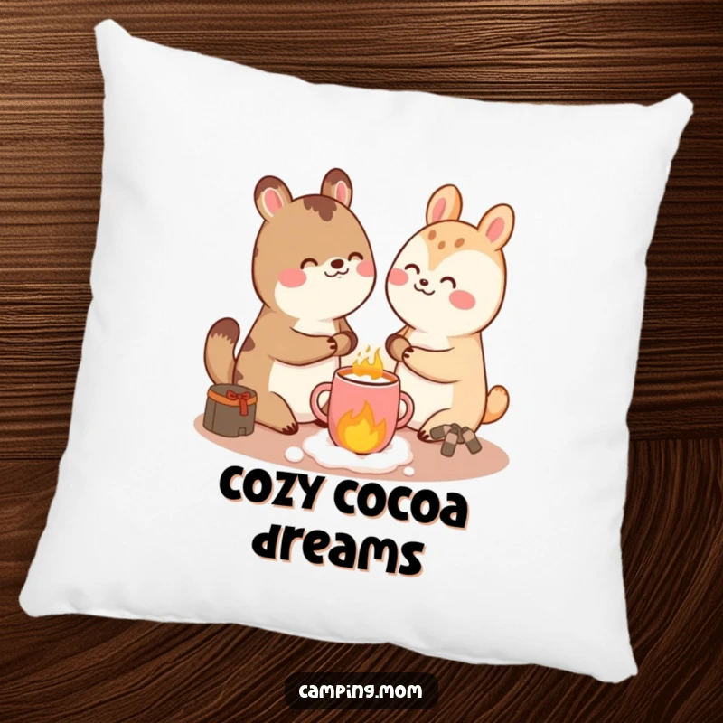 Funny giggling animal character looking incredibly content while holding hot cocoa, depicted on a soft, decorative pillow.