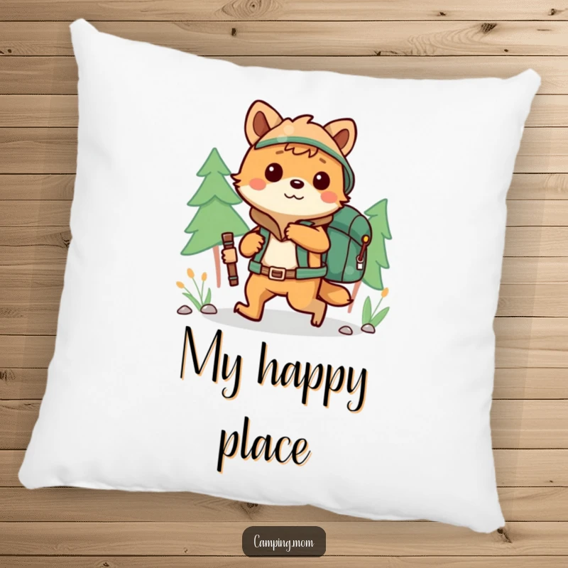 Funny camping animal character hiking with a backpack, printed on a soft and comfortable pillow.