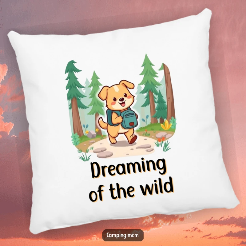 Funny dog carrying a backpack, joyfully walking on a forest trail, featured on a soft, decorative pillow.