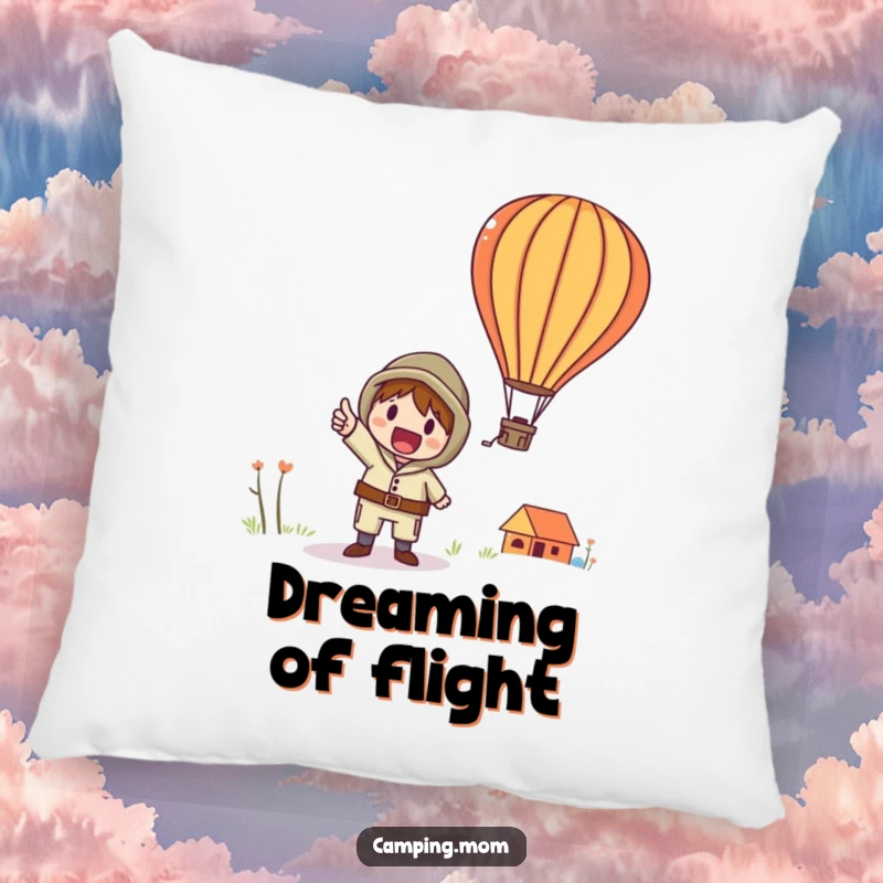 Funny pillow showcasing a whimsical camping character excitedly pointing towards a beautiful hot air balloon in the sky.