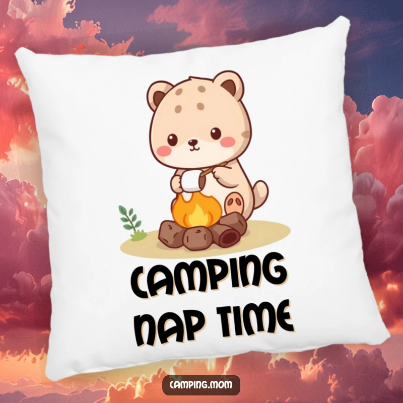 Funny kawaii camping animal pillow featuring a cute creature roasting a marshmallow over a tiny campfire.