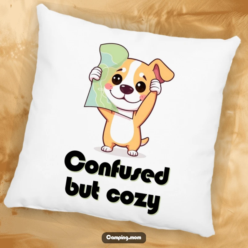 Funny dog holding a map upside down with playful confusion, depicted on a soft, decorative accent pillow.