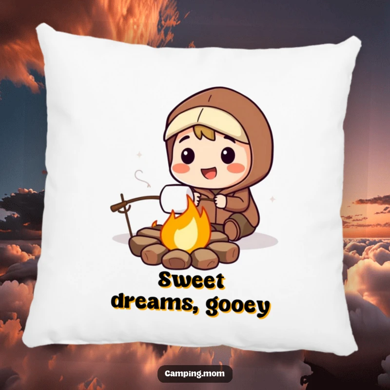Funny pillow showing a happy camping character with a contented smile, roasting a marshmallow over a warm, inviting campfire.