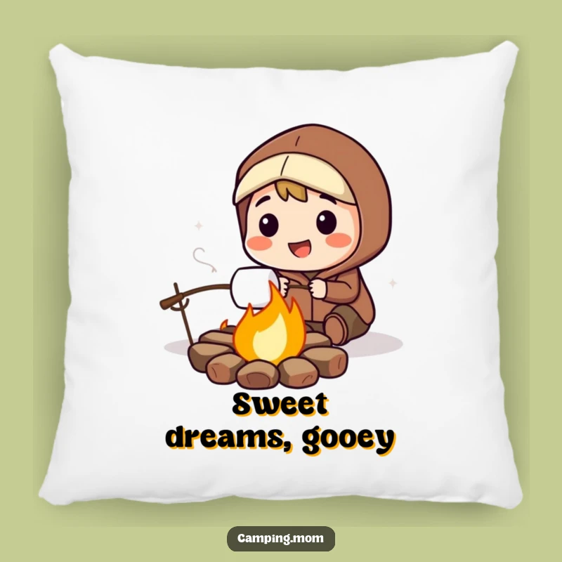 Funny Marshmallow Campfire Pillow: Smiling Character Roasting Treat, A Cozy Funny Gift.