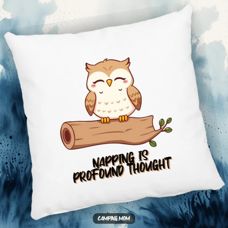 Funny pillow featuring a contented owl hooting with eyes closed on a log, offering a soft and humorous decorative touch.