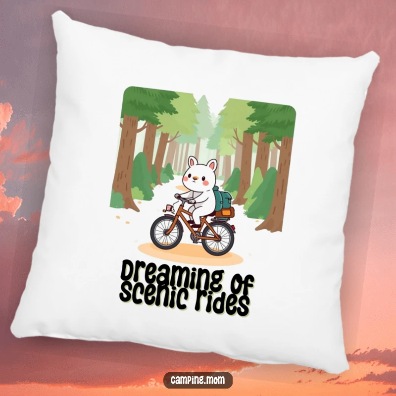 Funny camping animal pillow, playfully riding a bicycle down a forest path, offering cozy comfort and a touch of outdoor humor.