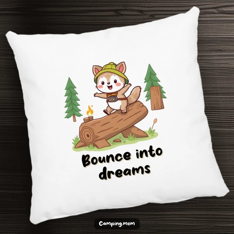 Funny camping animal character gleefully skipping over a log, printed on a soft and comfortable pillow.