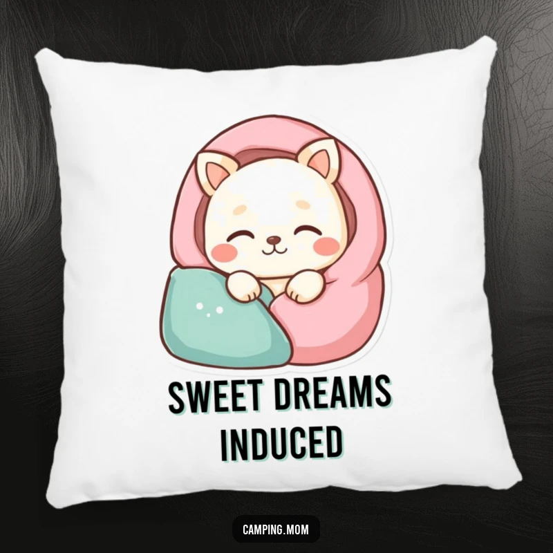 Funny animal character peacefully sleeping in a stylized sleeping bag, on a soft and humorous pillow.