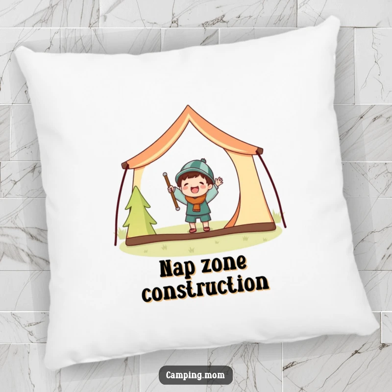 Funny pillow showcasing a joyful camping character hilariously setting up a tent, comically challenged by oversized poles.