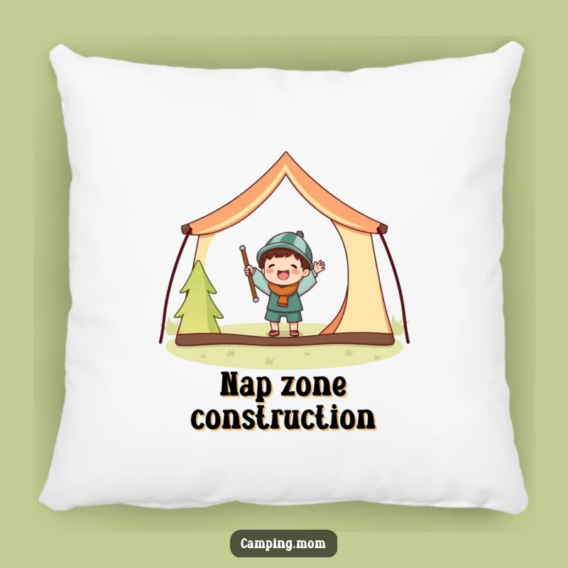 Funny Tent Setup Camping Pillow: Joyful Character With Big Poles, A Cozy Funny Gift.