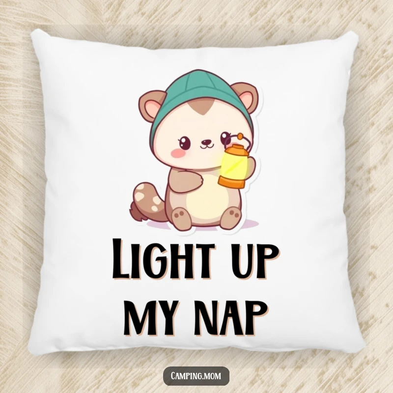 Funny camping animal character holding a glowing lantern, designed for a soft and humorous pillow.