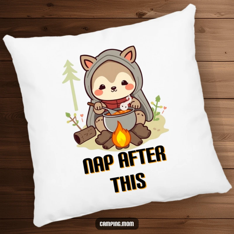 Funny camping mom animal character pillow featuring a happy mom stirring stew over a campfire, perfect for comfort.