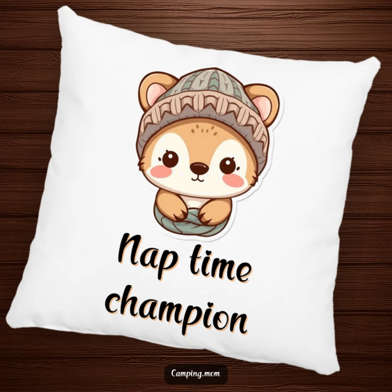 Funny, cozy animal character wearing a knitted hat, depicted on a soft and decorative pillow, ideal for comfort and humor.