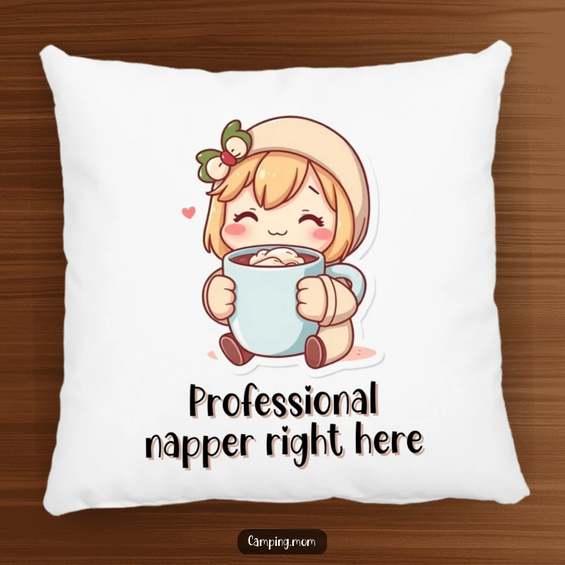 Funny pillow design with a character holding a hot cocoa mug, offering a soft and humorous touch to any living space. Superb funny gift.