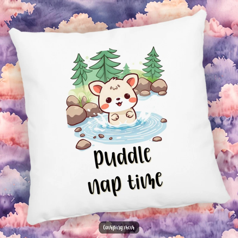 Funny pillow with a kawaii camping animal joyfully splashing in a tiny stream, perfect for adding comfort and cheer.