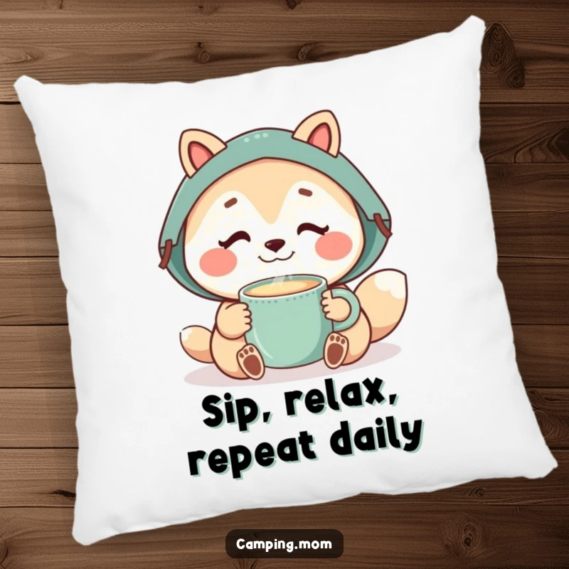 Funny camping mom animal enjoying a steaming mug, designed for ultimate comfort and relaxation.
