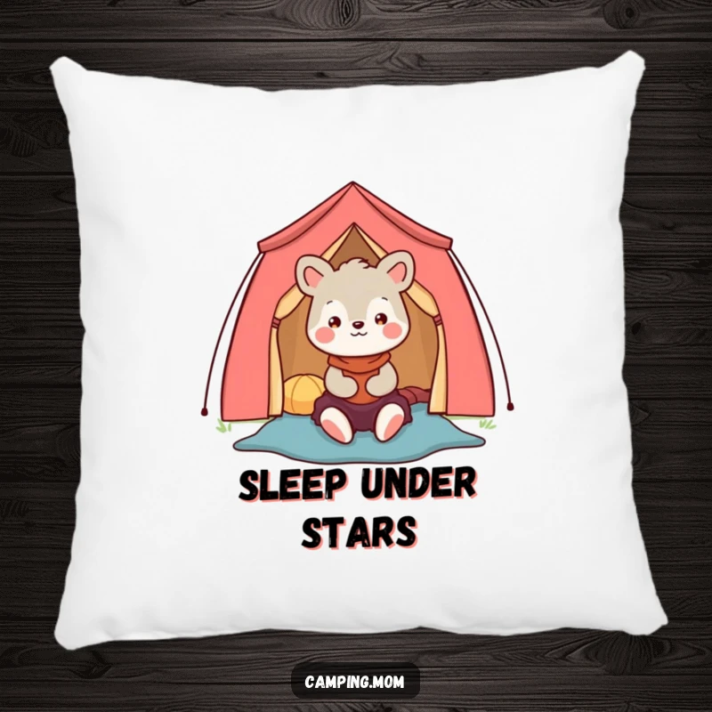 Funny camping mom animal character pillow featuring a happy mom setting up a colorful tent, perfect for comfort.