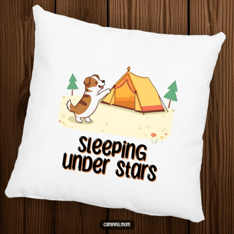 Funny dog pointing at a tent with excitement, depicted on a comfortable accent pillow for a cozy home.