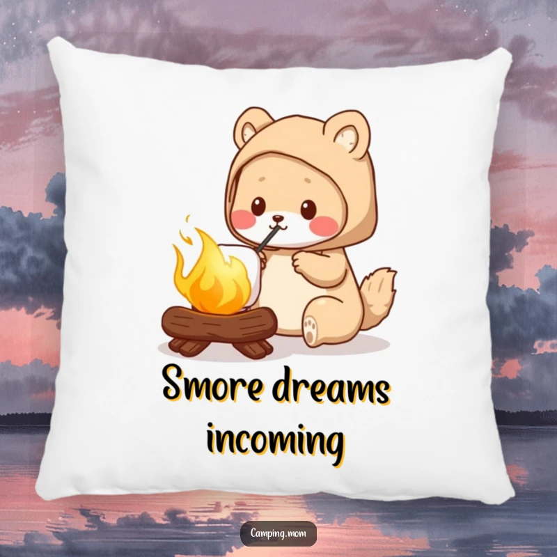 Funny camping mom pillow, showcasing an animal mom roasting a perfectly golden marshmallow, adding humor and comfort to any room.
