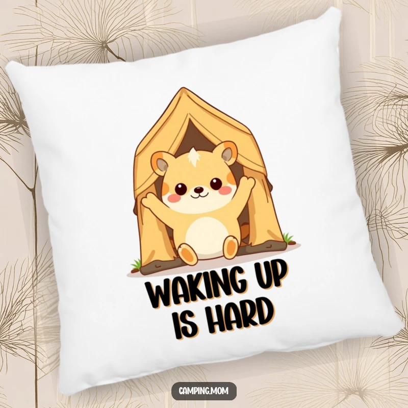 Funny camping animal character smiling as it holds open a tent flap, designed for a soft and humorous pillow.