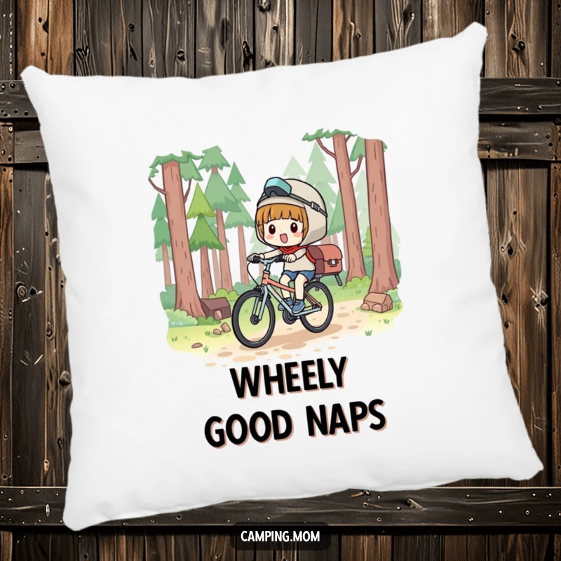 Funny Pillow: Kawaii camping character bicycling through a forest with a gleeful expression.