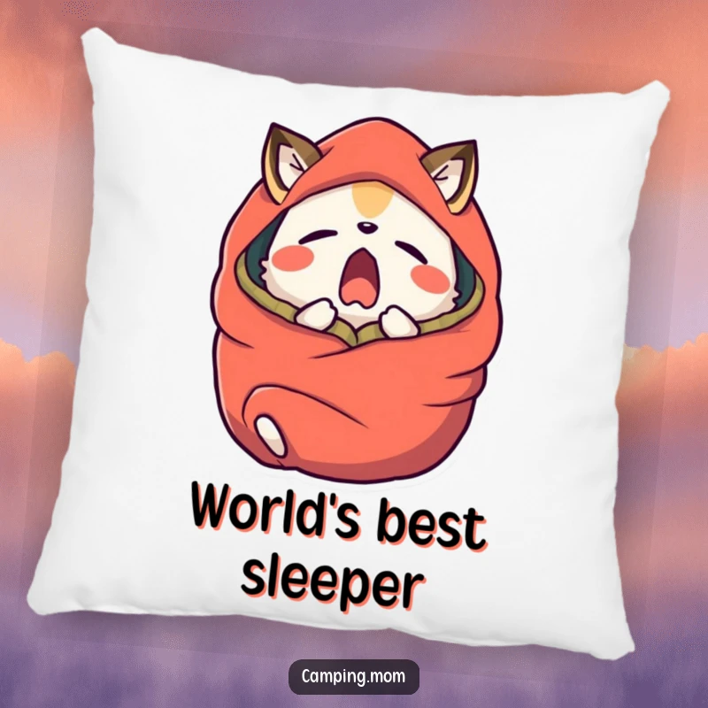 Funny camping animal character yawning widely, wrapped in a sleeping bag, on a soft pillow.