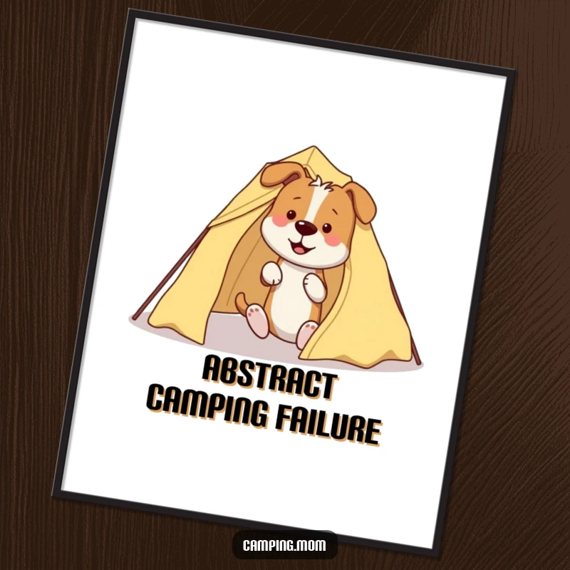 Funny Dog Digital Art: A printable artwork of a dog hilariously tangled in tent poles and fabric while trying to set up camp.