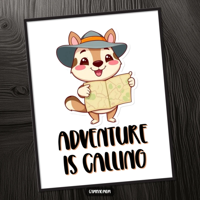 Funny animal character pointing at a detailed map, ready for global adventures, as a humorous digital art print.