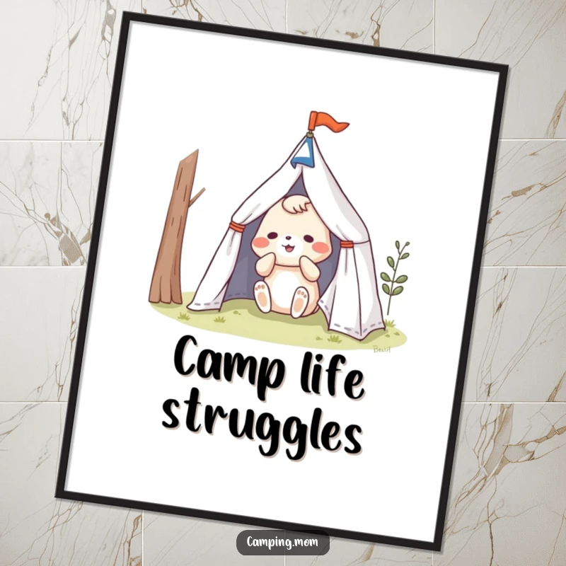 Funny animal character in a comical tent setup battle, as a humorous digital art print.