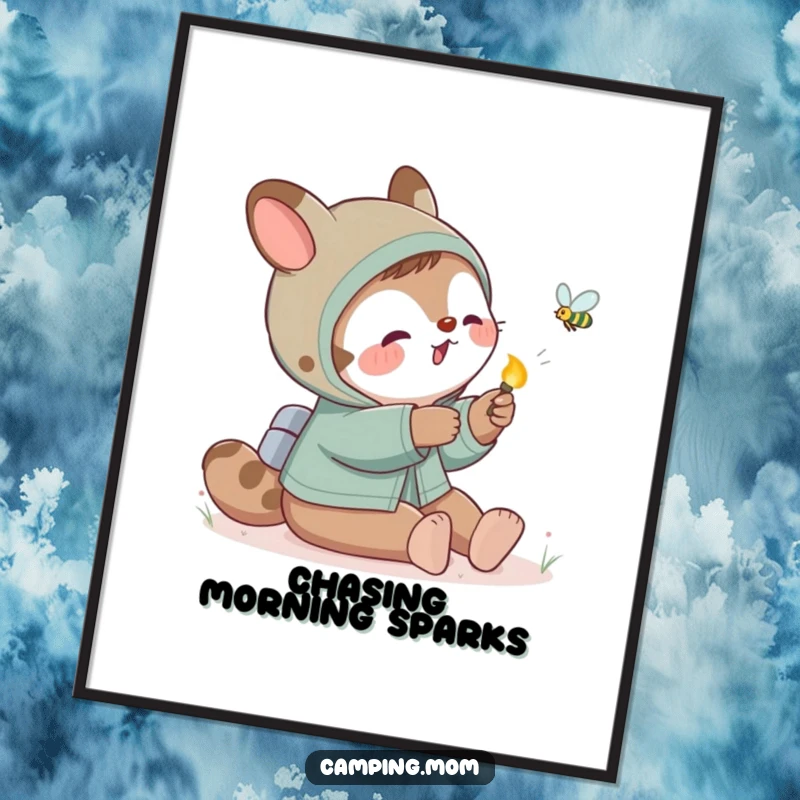 Funny camping mom animal playfully swatting at a firefly, perfect for instant decor and whimsical charm.