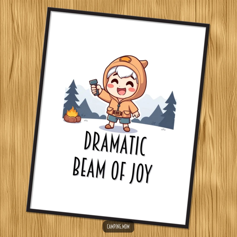 Funny digital art print of a happy camping character striking a dramatic pose, with a powerful flashlight beam enhancing the scene.