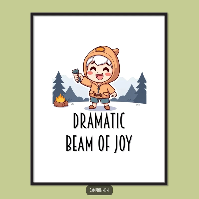 Funny Dramatic Camping Digital Art: Happy Character's Flashlight Pose, A Downloadable Funny Gift.