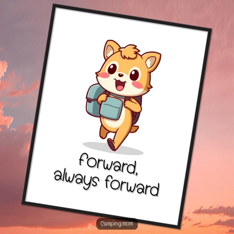 Funny animal digital art print of an excited character carrying a backpack, walking eagerly, perfect for humorous wall decor.