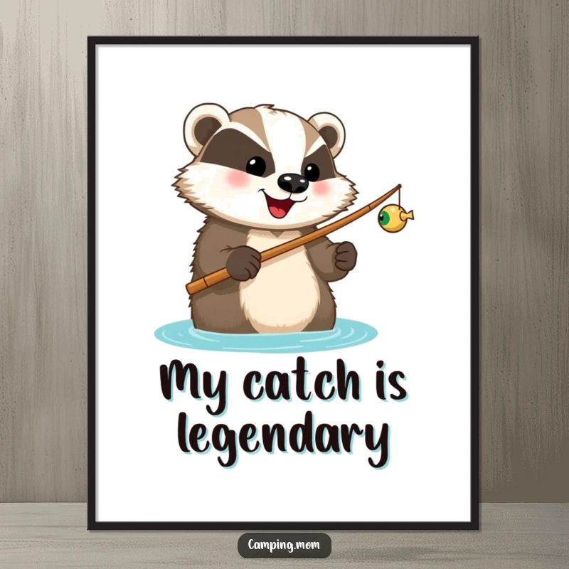 Funny digital art print of a happy badger with a fishing rod, looking forward to a catch, for serene angling decor.